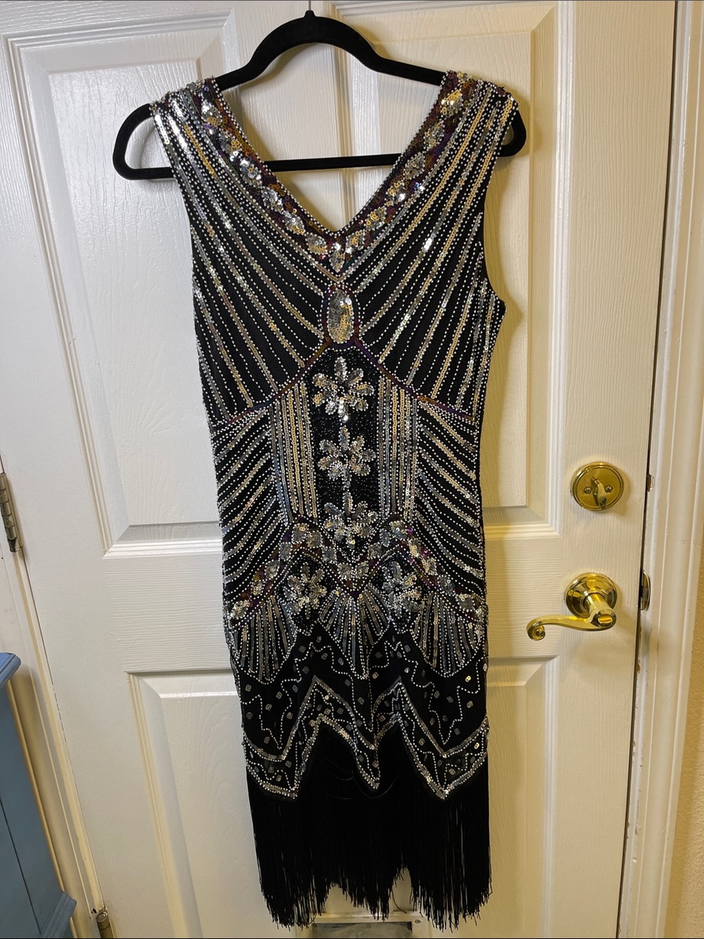 Black Beaded Fringe Midi Dress with Silver Embellishment